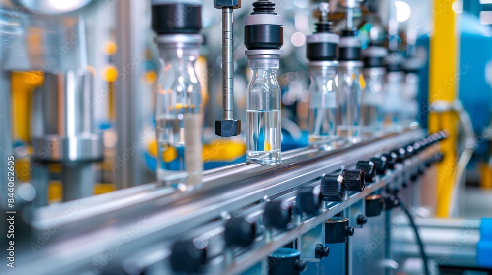 a row of bottles filled with liquid on a machine line a row of bottles filled with liquid on a machine line
