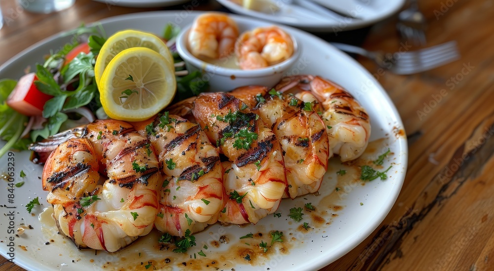Grilled Shrimp and Scallops with Fresh Salad and Lemon Wedges on White Plate
Grilled Shrimp and Scallops with Fresh Salad and Lemon Wedges on White Plate