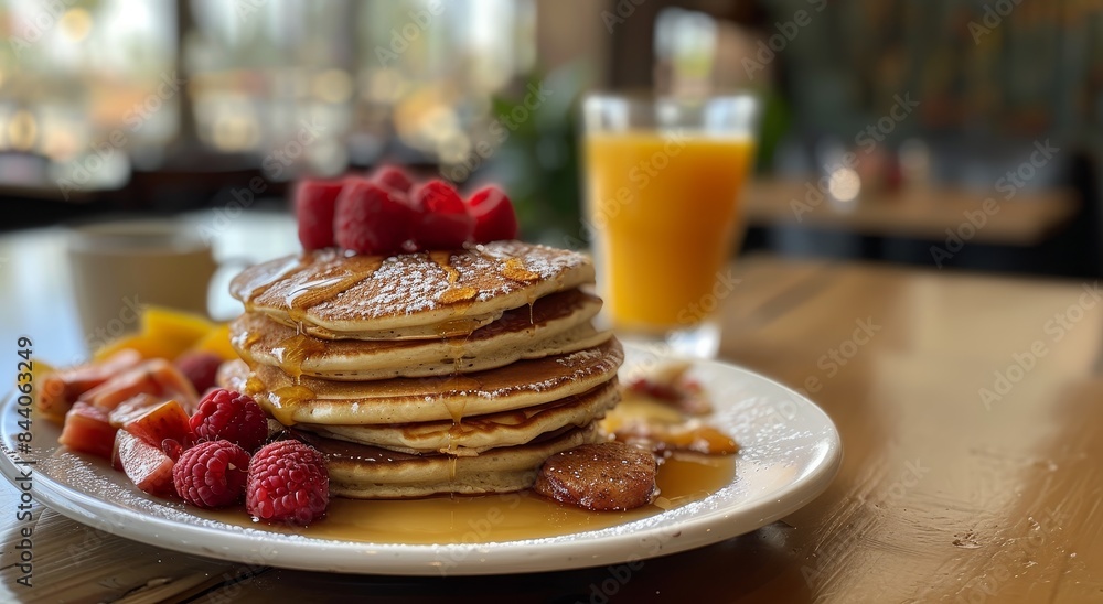 Classic American Breakfast with Pancakes, Scrambled Eggs, Bacon, and Fresh Berries
Classic American Breakfast with Pancakes, Scrambled Eggs, Bacon, and Fresh Berries
