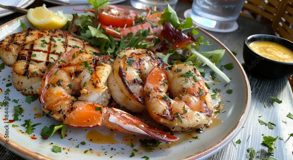 Grilled Shrimp and Scallops with Fresh Salad and Lemon Wedges on White Plate
Grilled Shrimp and Scallops with Fresh Salad and Lemon Wedges on White Plate