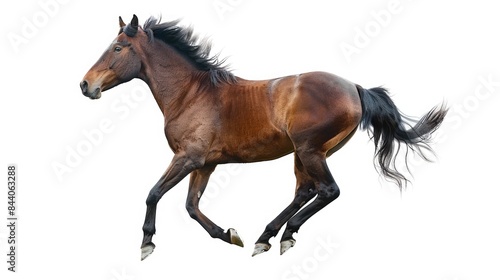 A brown horse gallops across a white background  conveying energy and movement