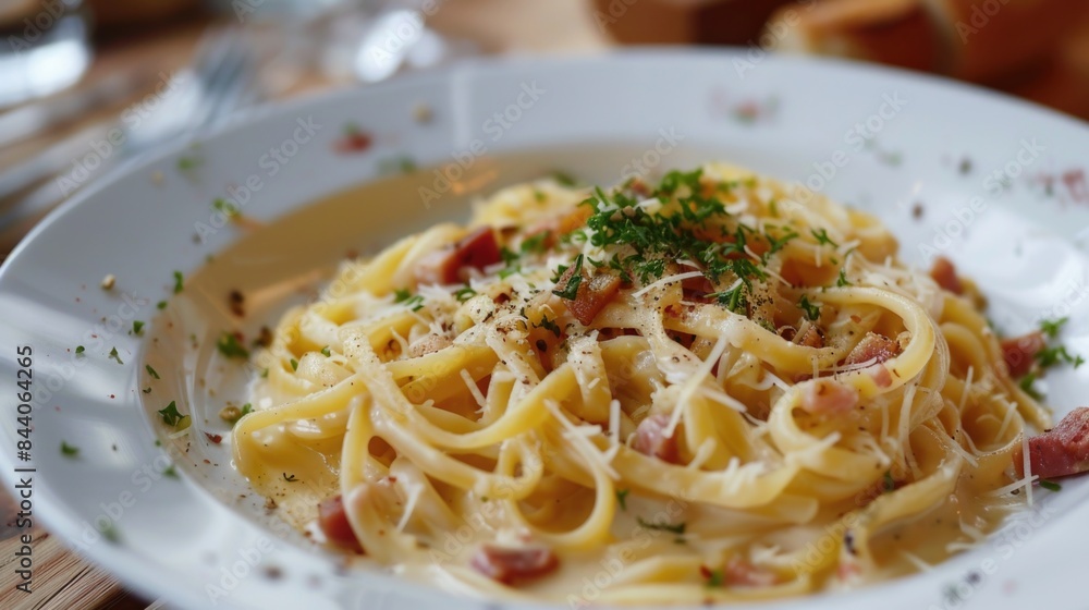 A delicious plate of pasta with crispy bacon and melted Parmesan cheese A delicious plate of pasta with crispy bacon and melted Parmesan cheese