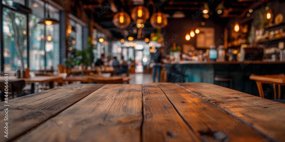 Rustic wooden desk with a blurred coffee shop background. Concept of cozy cafe ambiance, rustic interior design, and relaxed social atmosphere Rustic wooden desk with a blurred coffee shop background. Concept of cozy cafe ambiance, rustic interior design, and relaxed social atmosphere