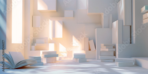 Abstract sunlit room with stacks of books and geometric shapes. 