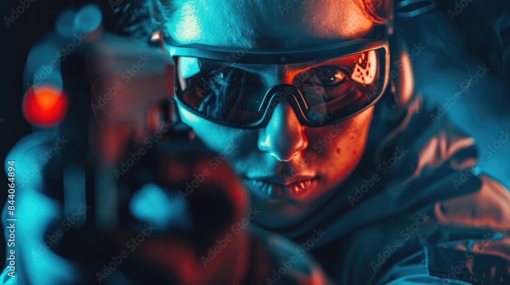 A person wearing a helmet and goggles holds a gun, useful for action or adventure scenes A person wearing a helmet and goggles holds a gun, useful for action or adventure scenes