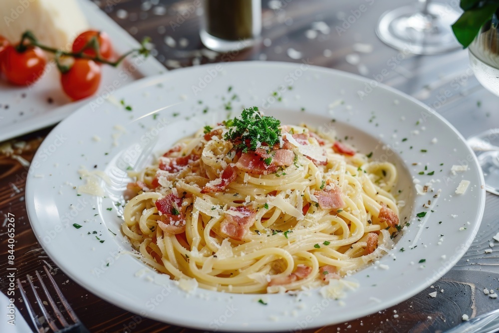 A plate of spaghetti served with crispy bacon and melted Parmesan cheese, perfect for a satisfying meal A plate of spaghetti served with crispy bacon and melted Parmesan cheese, perfect for a satisfying meal