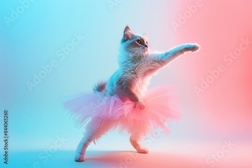 A curious cat wearing a pink tutu on a bright blue and pink background