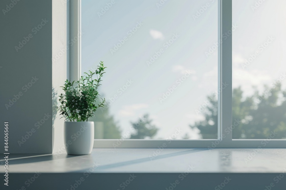 A small potted plant sitting on a windowsill with natural light A small potted plant sitting on a windowsill with natural light
