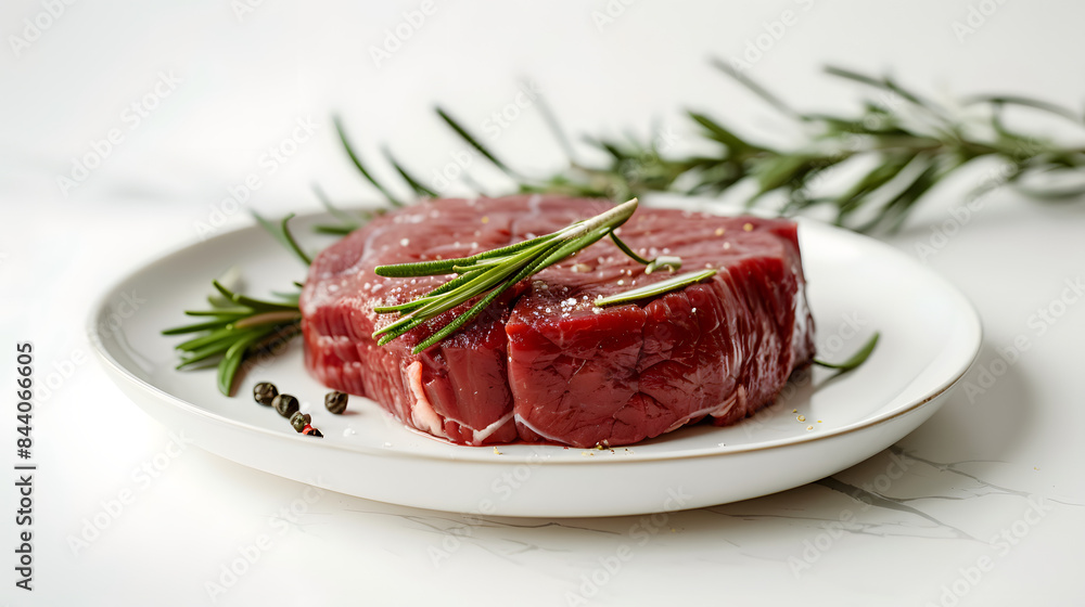 A raw beef steak on a white plate with rosemary. isolated on the background. Close-up food photography A raw beef steak on a white plate with rosemary. isolated on the background. Close-up food photography