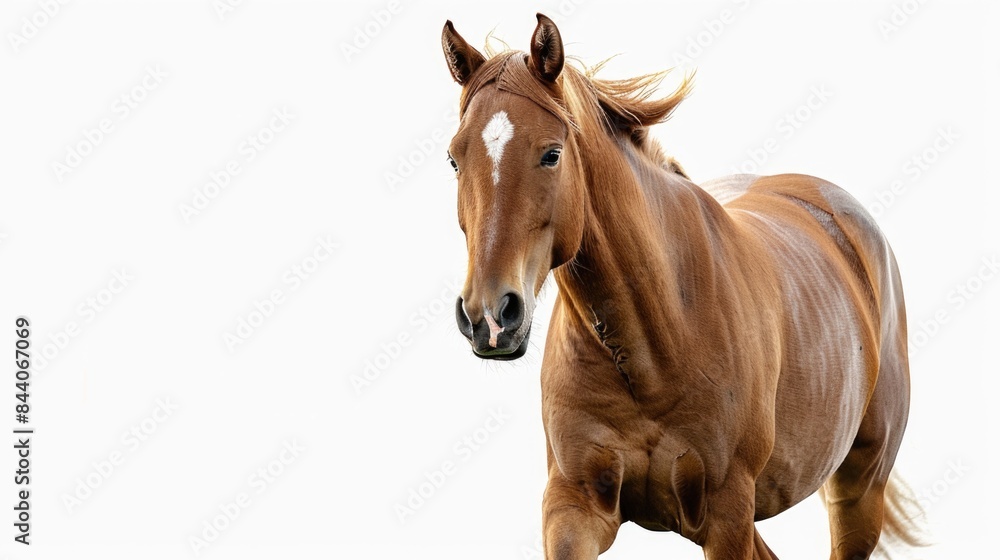 A brown horse runs freely on a white background A brown horse runs freely on a white background