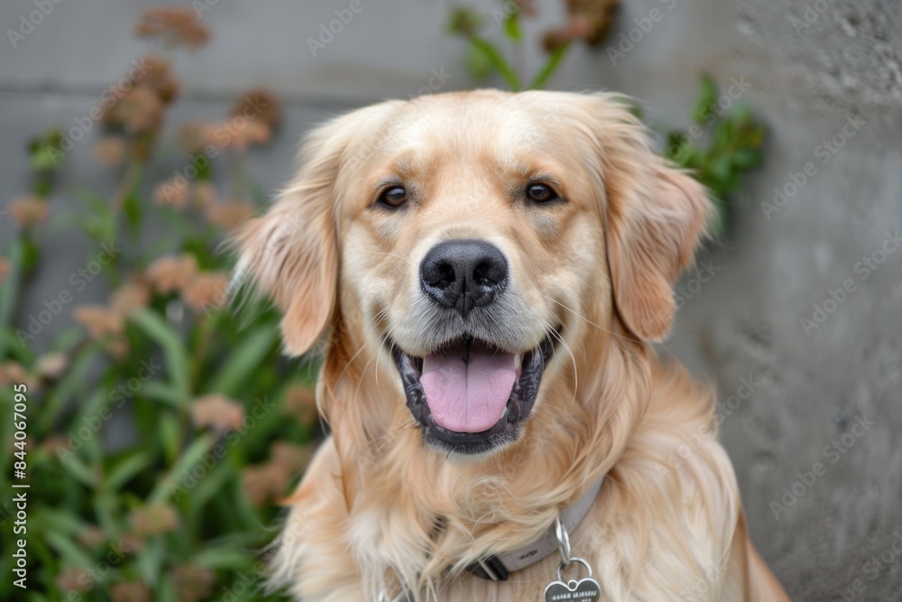 A golden retriever sits patiently by a bush, awaiting potential prey or human interaction A golden retriever sits patiently by a bush, awaiting potential prey or human interaction
