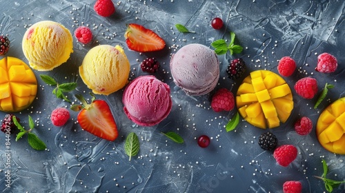 A colorful table topped with various ice cream flavors, great for food photography or advertising