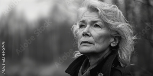 A black and white portrait of an older woman with a gentle expression