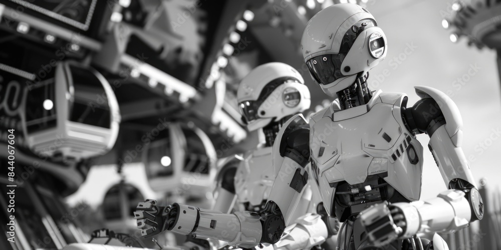 A monochrome photograph of two robots standing together A monochrome photograph of two robots standing together