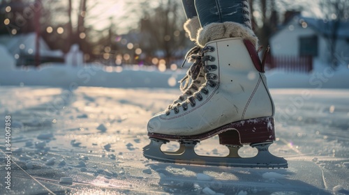 A close-up view of a person's legs wearing ice skates, perfect for winter or sports themed concepts