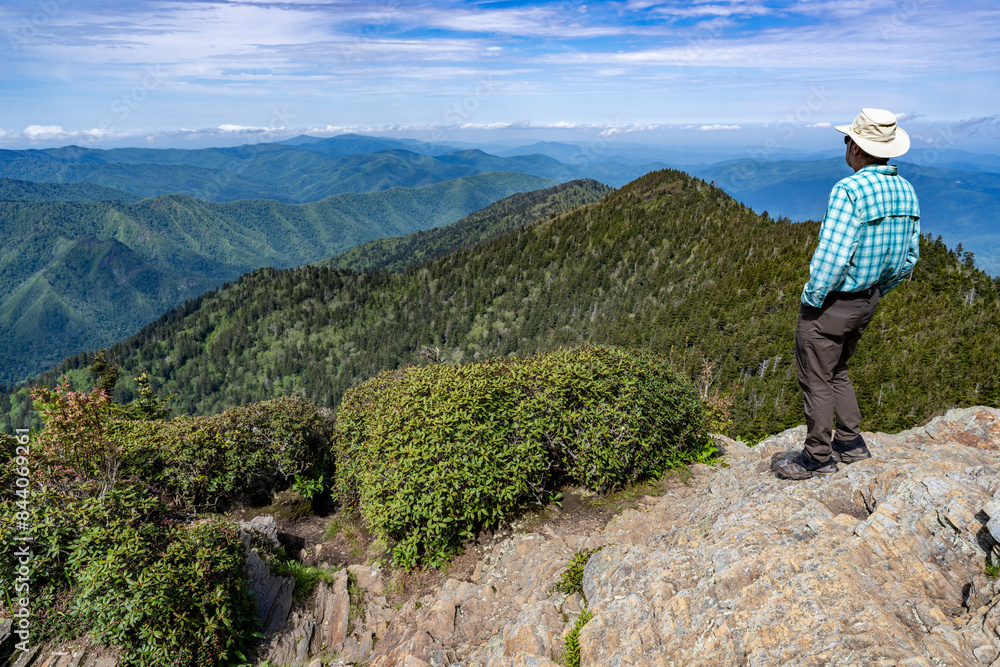 Naklejka premium A mature Caucasian man, a hiker, stands on a high rock looking at a scene of wooded mountain tops and ridges against a cloudy sky, Mt Le Conte, Great Smoky Mountain National Park, Tennessee