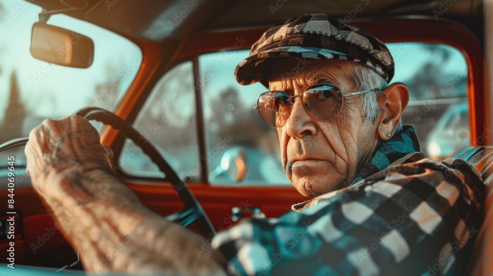 A photo of an elderly gentleman behind the wheel, dressed in a hat and glasses, as he navigates through life A photo of an elderly gentleman behind the wheel, dressed in a hat and glasses, as he navigates through life
