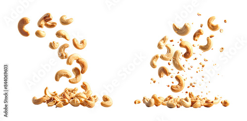Cashews falling and scattered on a transparent background.