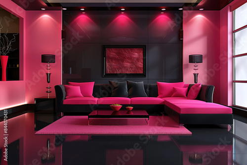 Modern pink and black living room with vibrant lighting
