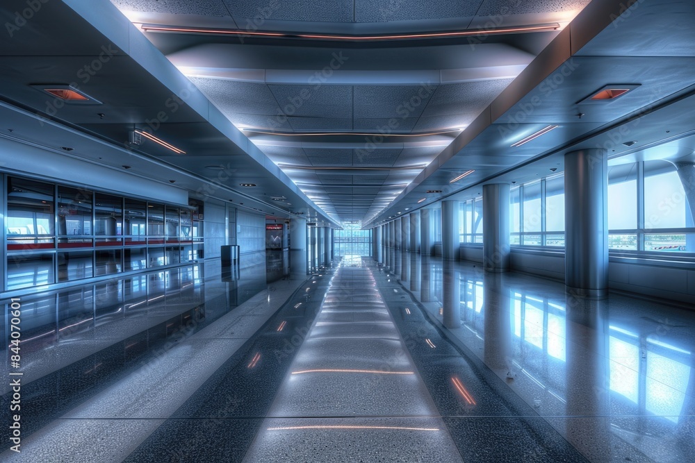 Fototapeta premium A train is seen passing through a long hallway