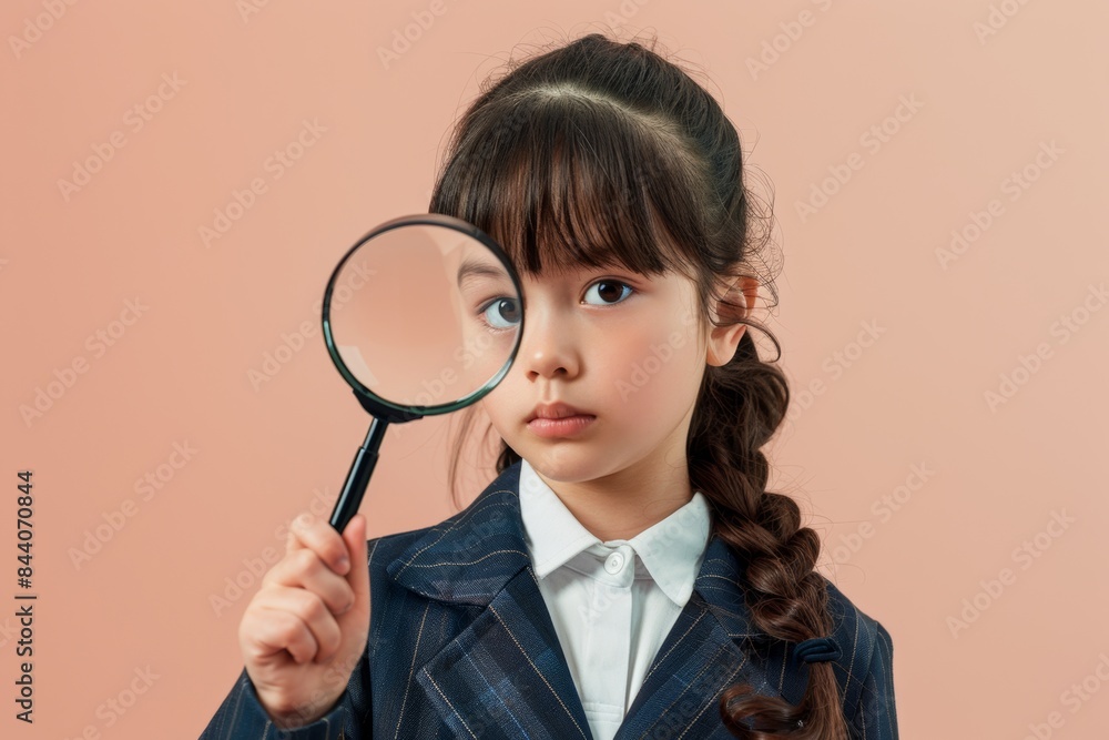 Young Girl in School Uniform Holding Magnifying Glass Young Girl in School Uniform Holding Magnifying Glass