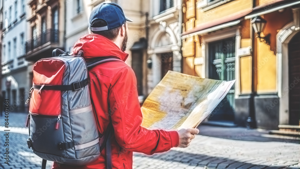 A tourist with a map in his hands stands in the middle of the old city and studies the route. A tourist with a map in his hands stands in the middle of the old city and studies the route.