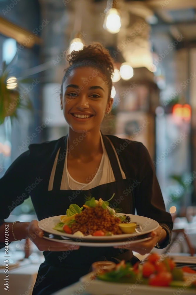 A woman holds a plate of food in a cozy restaurant setting, perfect for use in editorial or commercial contexts A woman holds a plate of food in a cozy restaurant setting, perfect for use in editorial or commercial contexts