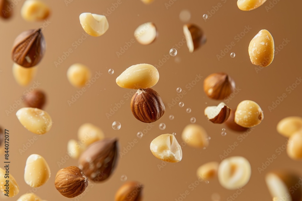 Macadamia and Pine Nuts Falling Against Tan Background Macadamia and Pine Nuts Falling Against Tan Background