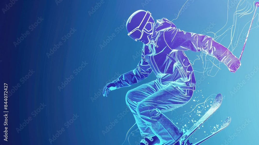 Fototapeta premium A person skiing down a snowy slope, with fresh powder and mountainous terrain