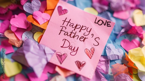A hand written message on a pink magenta and purple post it note reading LOVE Happy Father s Day embellished with hearts possibly intended for Valentine s Day