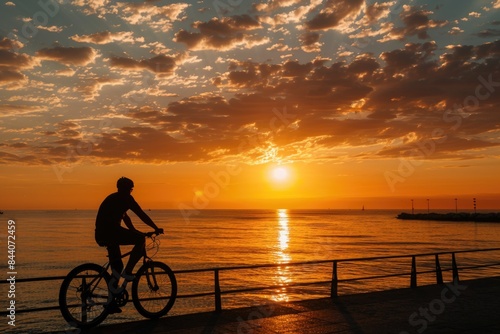 A person is riding a bike on a pier during sunset © Fotograf