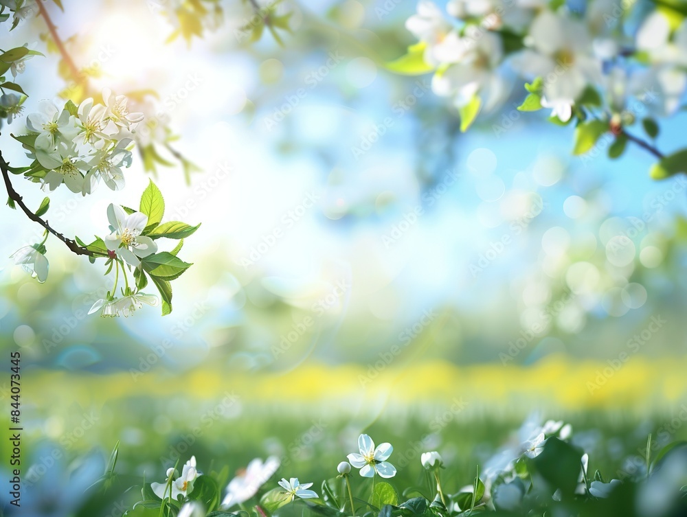 A field of flowers with a bright blue sky in the background A field of flowers with a bright blue sky in the background