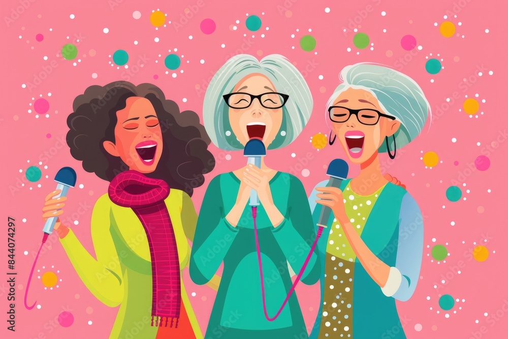 Group of women enjoying karaoke night with pink background, suitable for party or entertainment theme Group of women enjoying karaoke night with pink background, suitable for party or entertainment theme