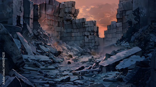 A torn down wall of cinder blocks with a wide chasm in the center. The background is twilight and mysterious. 