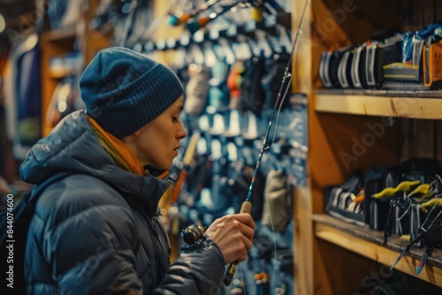 A person inspecting fishing rods and other equipment in a store