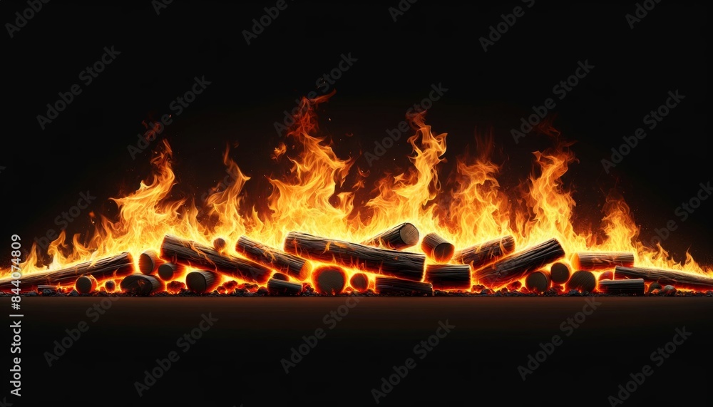 Wood fire burning with intense flames against a black background. The fire includes visible logs of wood, glowing embers, and flickering flames. Wood fire burning with intense flames against a black background. The fire includes visible logs of wood, glowing embers, and flickering flames.