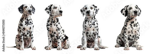 Four Dalmatians sitting in different poses.