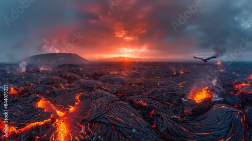 A panoramic view of a volcanic landscape with lava flows and rising steam under a dramatic twilight sky
