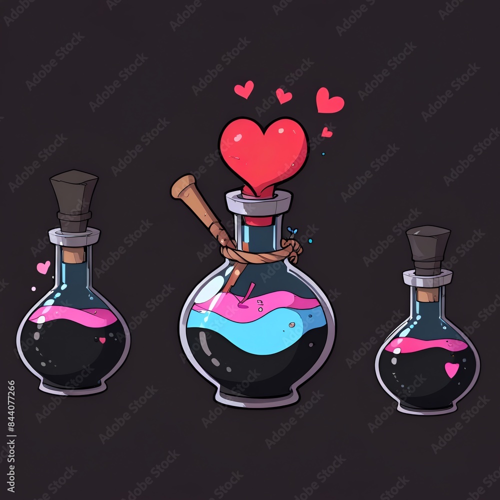 Three bottles of purple liquid with a heart in the middle Three bottles of purple liquid with a heart in the middle