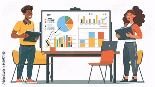 Two students presenting data analysis on charts in a classroom