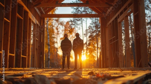 The image captures two silhouetted individuals standing within the wooden structure of a building under construction during a sunset photo