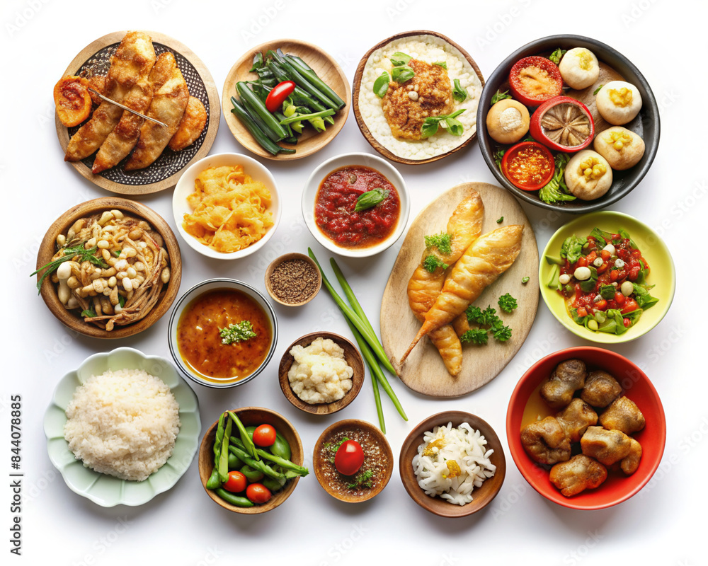 A Diverse Spread of Dishes Ready to Enjoy on a White Tabletop A Diverse Spread of Dishes Ready to Enjoy on a White Tabletop