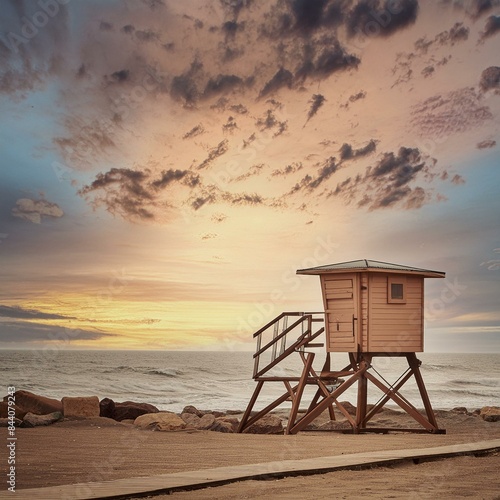 lifeguard tower at sunset