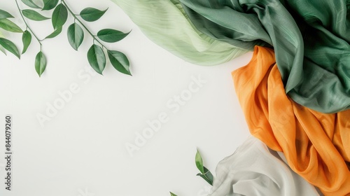 A variety of green, orange, and gray silk scarves are arranged on a white background. There are also a few green leaves on the left side of the image. AIG51A. photo