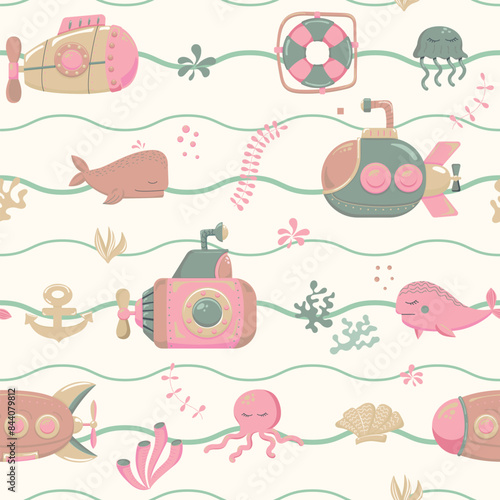 submarines and marine inhabitants Bright seamless pattern. Designed for printing, fabrics, textiles, postcards. Children's pattern with ships. Marine print. Submarine. Vector illustration