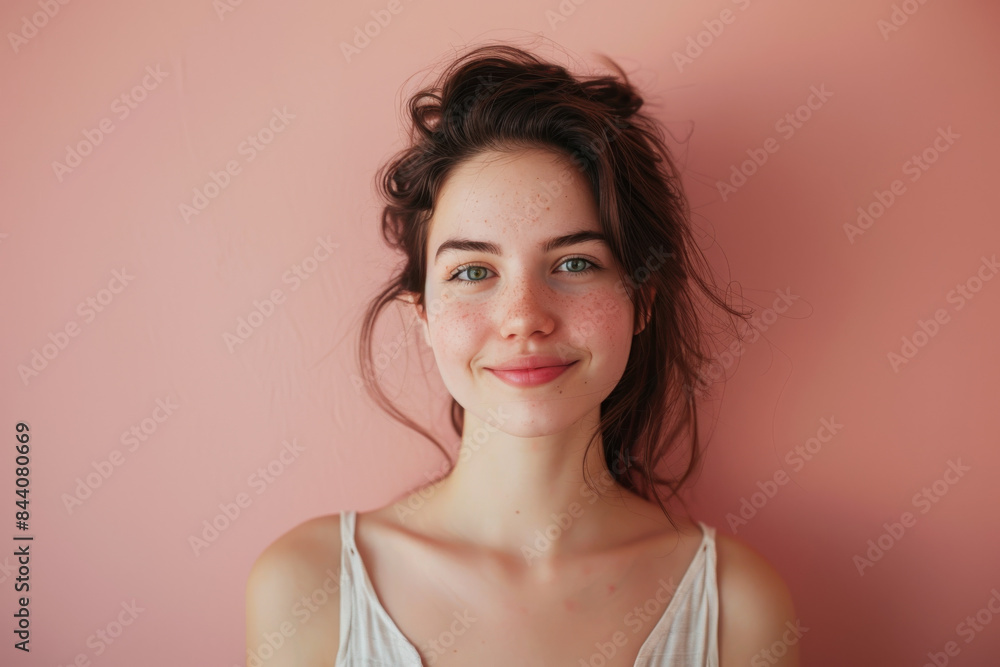 A close up portrait of a young woman with a subtle smile A close up portrait of a young woman with a subtle smile