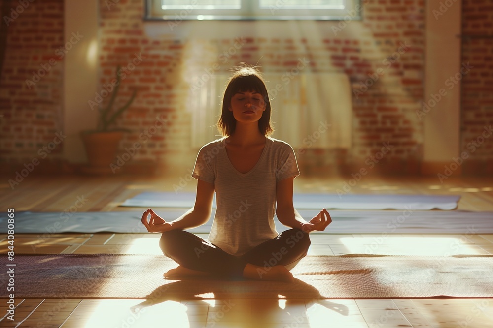 Young woman meditating in a yoga studio: A young woman sitting in lotus position, peacefully meditating, sun ray, front view Young woman meditating in a yoga studio: A young woman sitting in lotus position, peacefully meditating, sun ray, front view