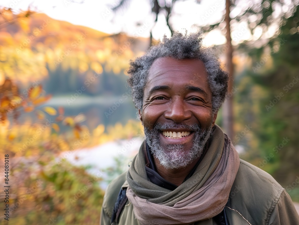 A man with a beard and gray hair is smiling and wearing a scarf A man with a beard and gray hair is smiling and wearing a scarf