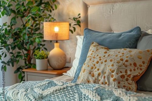 Cozy bedroom interior, nightstand with lamp and home plant near bed. Close up shot of bed headboard with pillows and bedside table. Apartment in scandinavian style