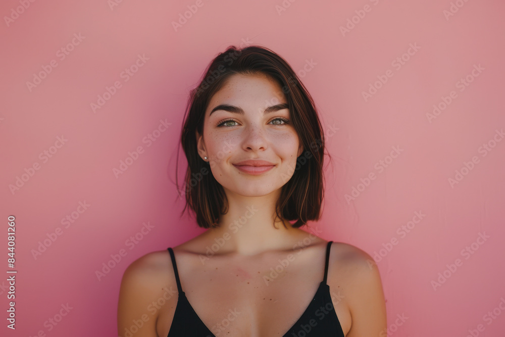 A close up portrait of a young woman with a subtle smile A close up portrait of a young woman with a subtle smile